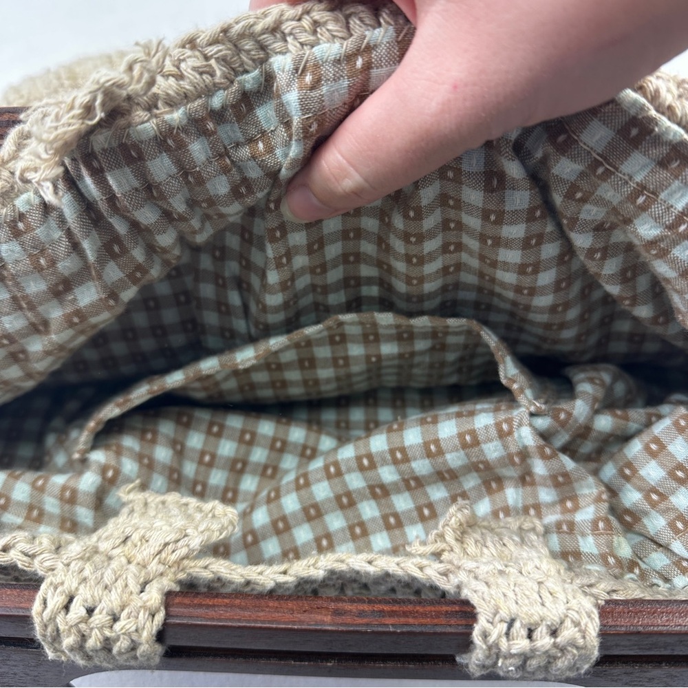 Handmade Knit Crochet Shoulder Bag Wood Floral Cottagecore Sequoia Line Tan Hobo - Picture 2 of 7